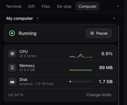 Macaron's Computer panel: My computer running, with CPU, memory and disk use and a Pause button