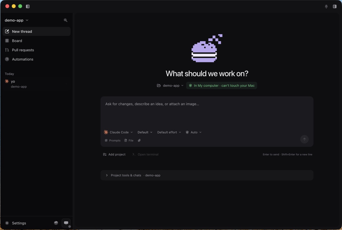 Macaron's start screen: threads on the left, What should we work on?, a project running in My computer that can't touch your Mac, and the composer
